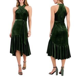 Taylor Women's Velvet Halter Green Asymmetrical Hem Dress Plus Size 16